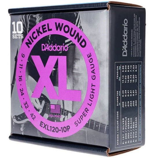 D'Addario EXL120-10P XL Nickel Elektro Gitar Teli - Super Light (9-42) (10'lu Paket)