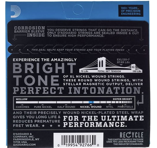 D'Addario EXL120-7 XL Nickel 7 Telli Elektro Gitar Teli - Super Light (9-54)