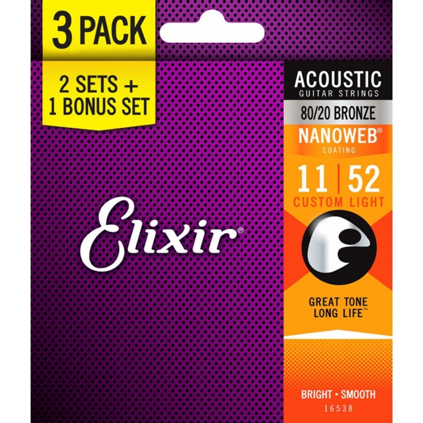 Elixir 16538 Nanoweb 80/20 Bronze Light Akustik Gitar Teli (11-52) | 3'lü Paket