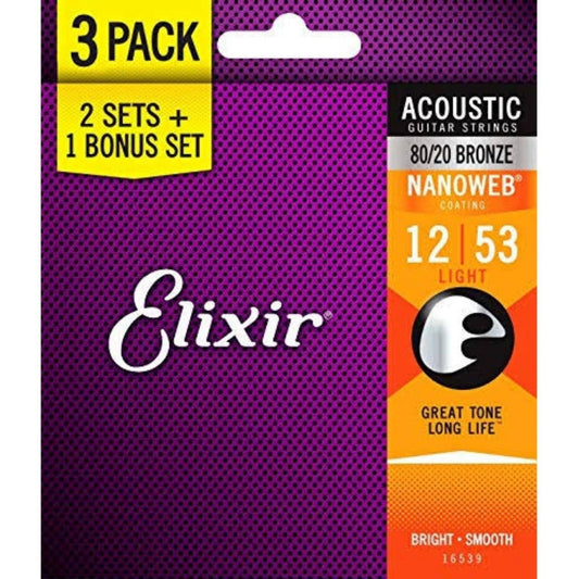 Elixir 16539 Nanoweb 80/20 Bronze Light Akustik Gitar Teli (12-53) | 3'lü Paket