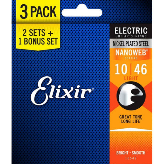 Elixir 16542 Nanoweb Coated Light Elektro Gitar Teli (10-46) | 3'lü Paket