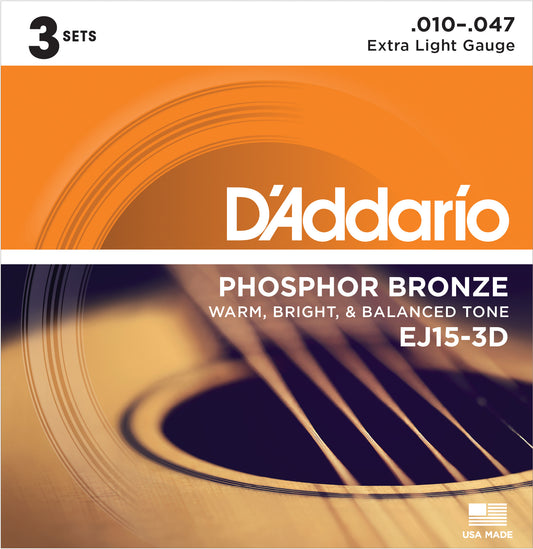 D'Addario EJ15-3D Phosphor Bronze Akustik Gitar Teli - Extra Light (10-47) (3'lü Paket)