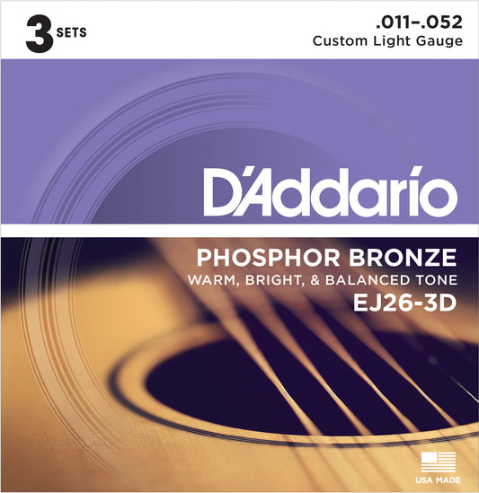 D'Addario EJ26-3D Phosphor Bronze Akustik Gitar Teli - Custom Light (11-52) (3'lü Paket)