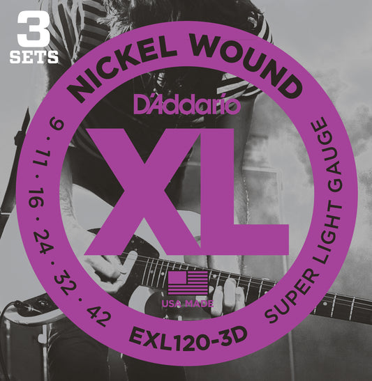 D'Addario EXL120-3D XL Nickel Elektro Gitar Teli - Super Light (9-42) (3'lü Paket)