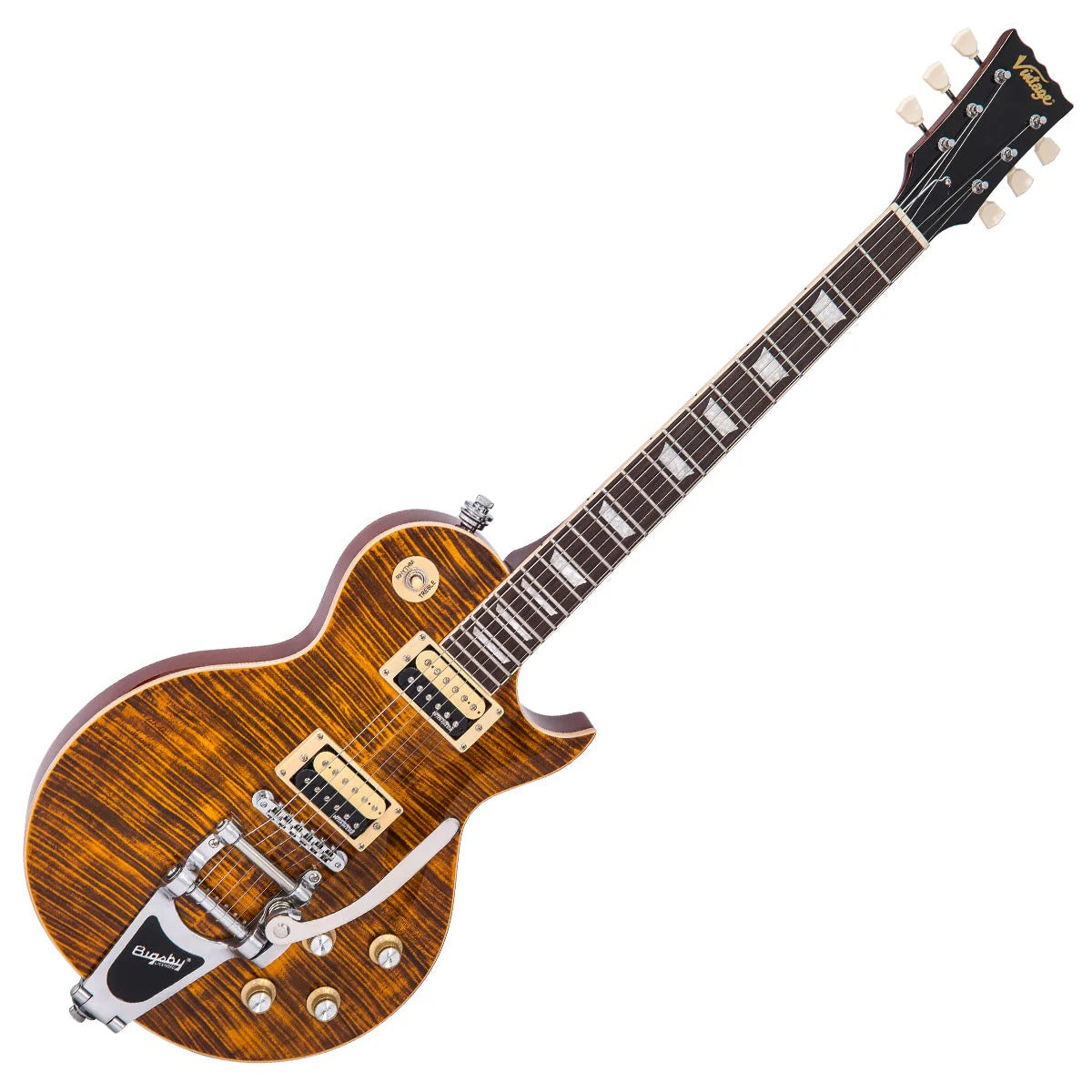 Vintage V100 Reissued Elektro Gitar - Flamed Amber (w/Bigsby)