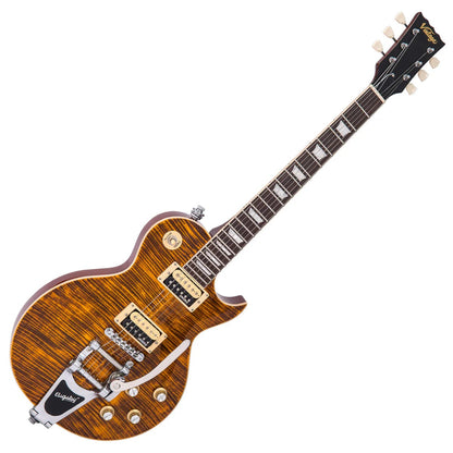 Vintage V100 Reissued Elektro Gitar - Flamed Amber (w/Bigsby)