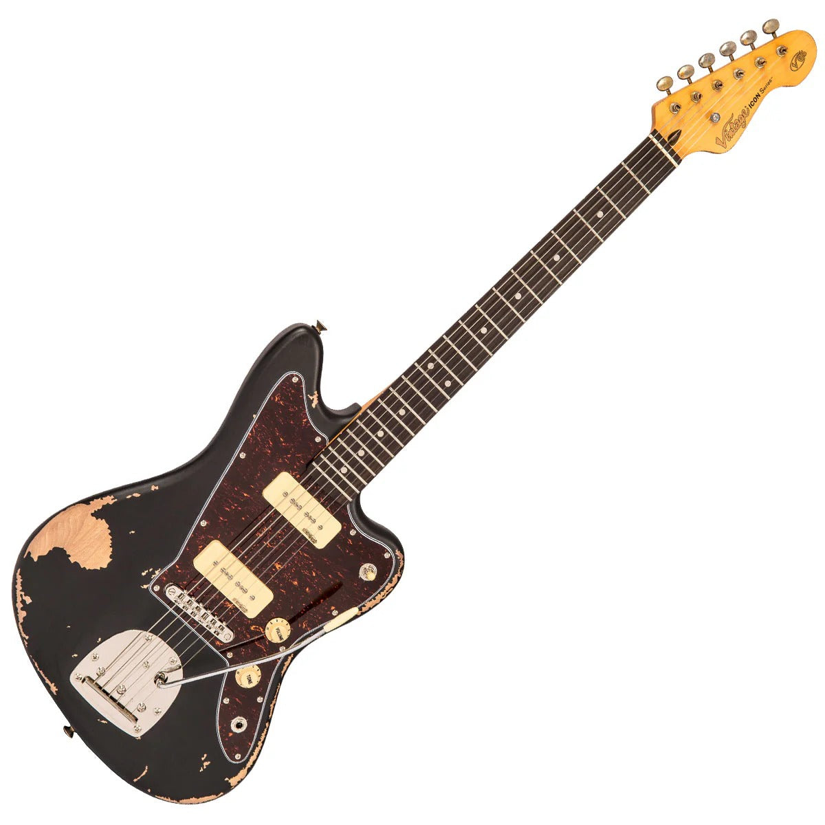 Vintage V65 ICON Vibrato Elektro Gitar - Distressed Black