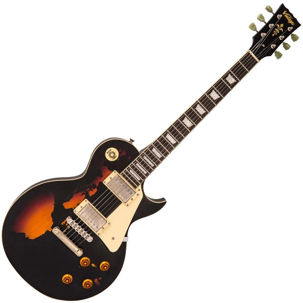 Vintage V100 ICON Elektro Gitar - Distressed Black Over Sunburst