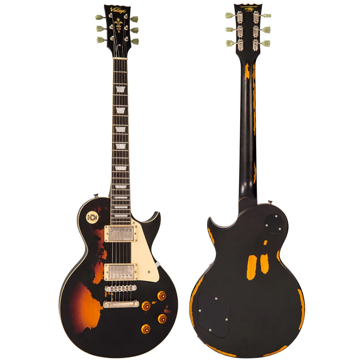 Vintage V100 ICON Elektro Gitar - Distressed Black Over Sunburst