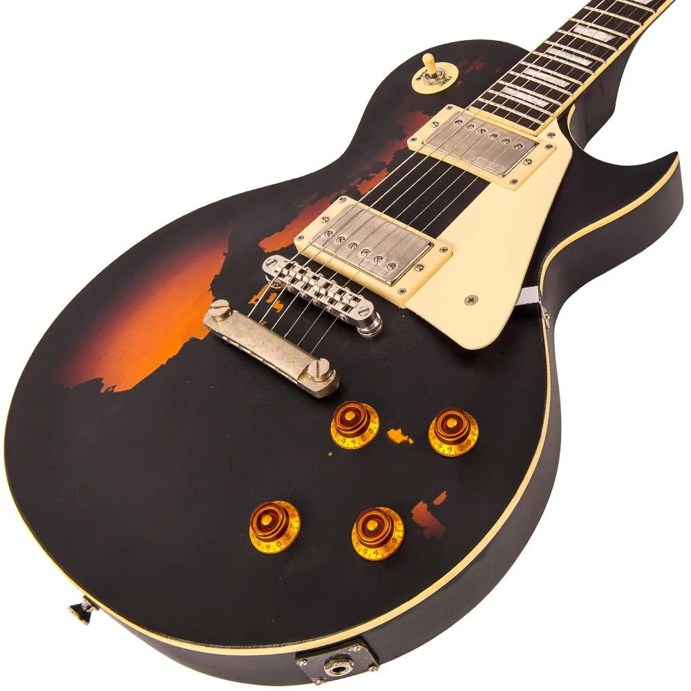Vintage V100 ICON Elektro Gitar - Distressed Black Over Sunburst