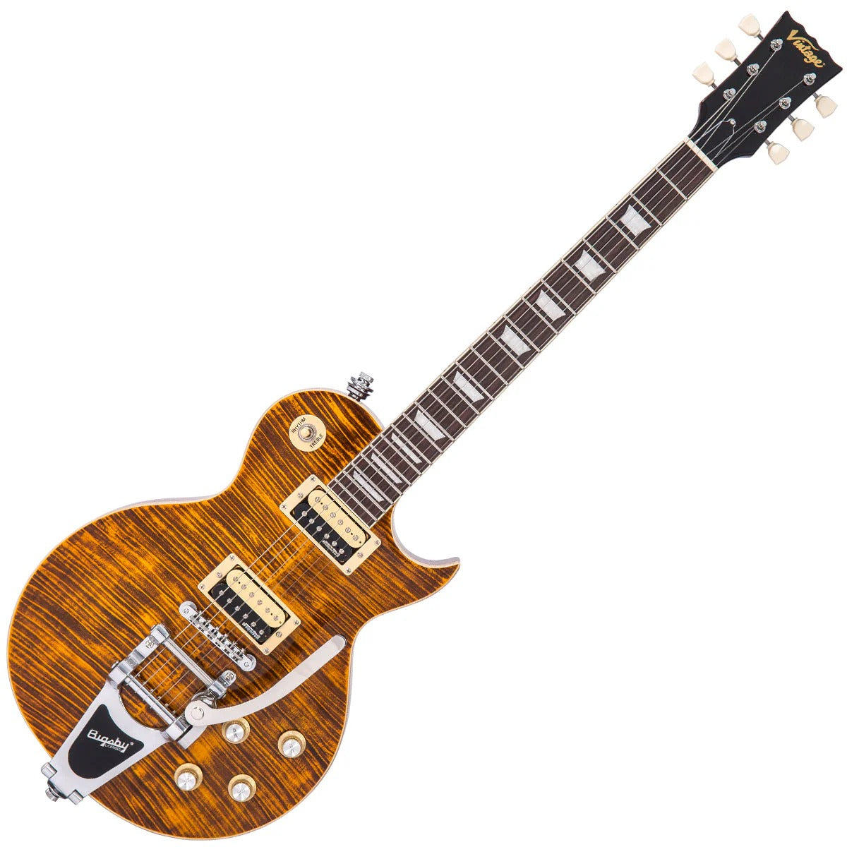Vintage V100 Reissued Elektro Gitar - Flamed Amber (w/Bigsby)