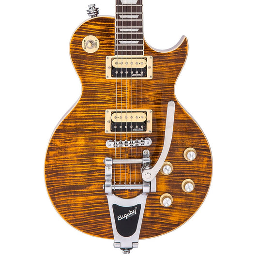 Vintage V100 Reissued Elektro Gitar - Flamed Amber (w/Bigsby)