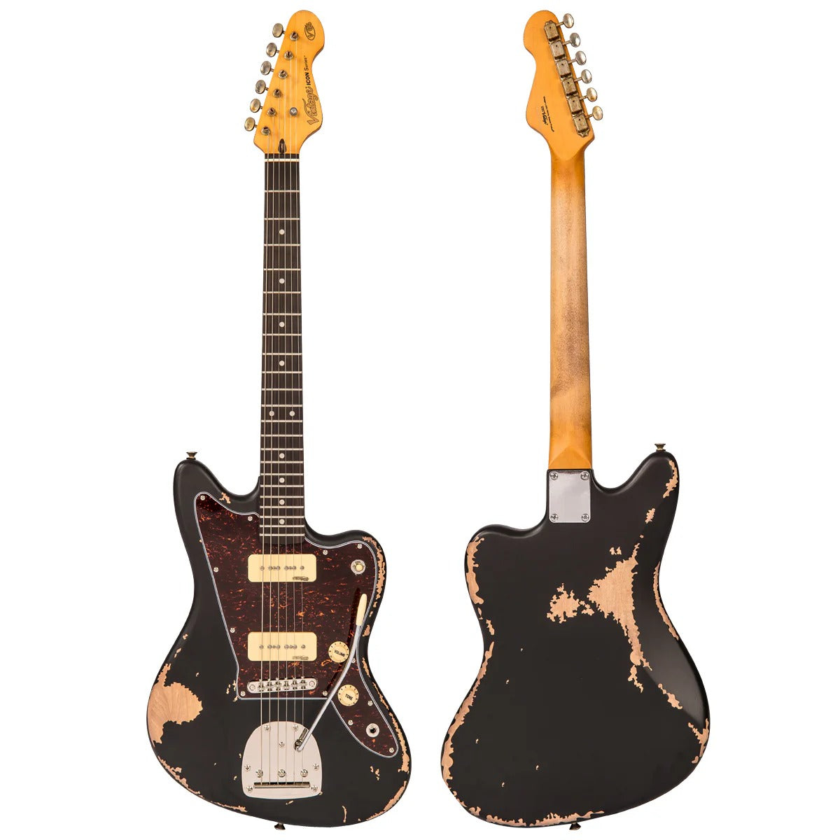 Vintage V65 ICON Vibrato Elektro Gitar - Distressed Black