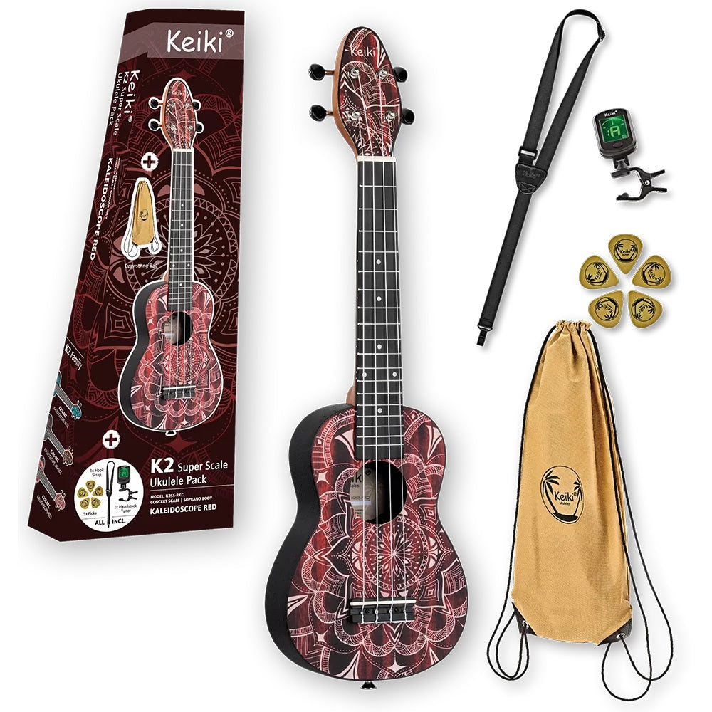 Ortega K2SS-RKC Keiki Super Scale Soprano Ukulele Seti (Red Kaleidoscope)